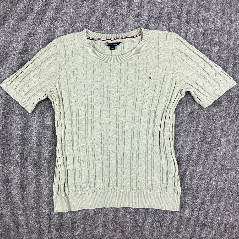 Tommy Hilfiger Sweater Womens Size L Green Cable Knit Short Sleeve Pullover